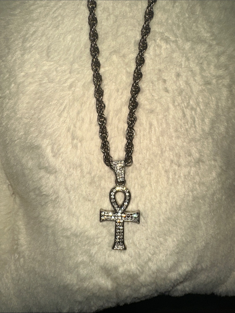 Rhinestone Ankh Pendant Necklace in Silver Tone
